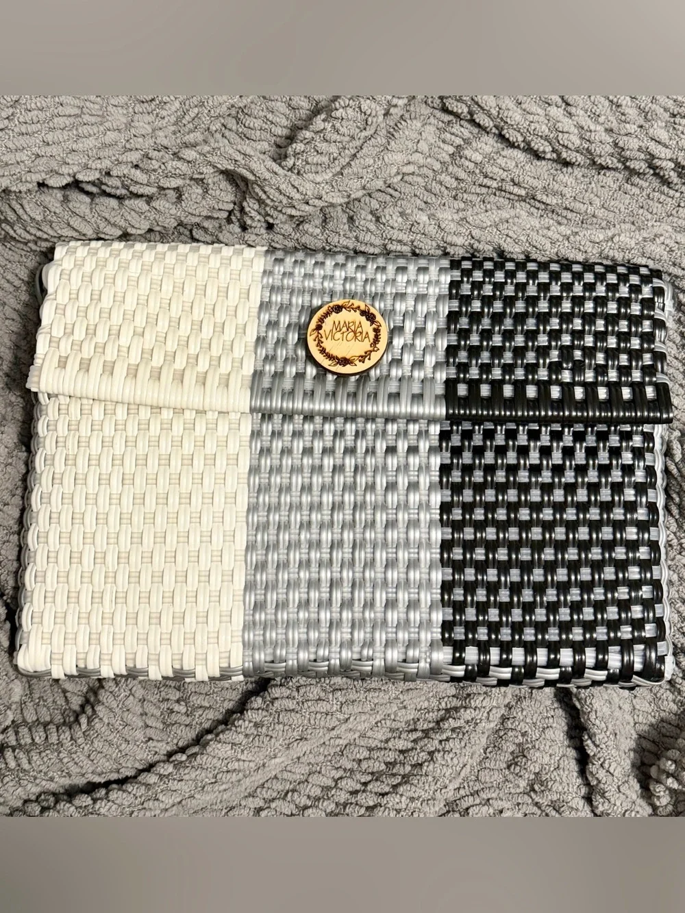 Maria Victoria Woven Clutch in Cream, Silver & Black